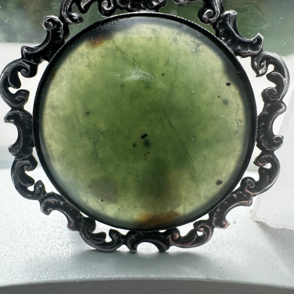 Vintage Nephrite Green Jade Brooch Silver 900  ORNATE Filigree Oval Pin 1930's - Picture 1 of 6